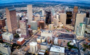 Downtown Denver westward view with Colfax Ave in background
