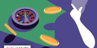 An illustrated roulette wheel with chips on a green and purple background, featuring a white hand gesturing in excitement