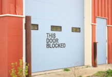 Garage door blocked, red and blue shades