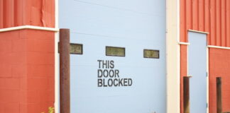 Garage door blocked, red and blue shades