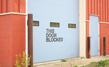 Garage door blocked, red and blue shades