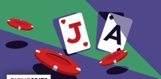 A graphic featuring playing cards showing a Jack of Hearts and Ace of Spades, surrounded by red poker chips on a purple background.