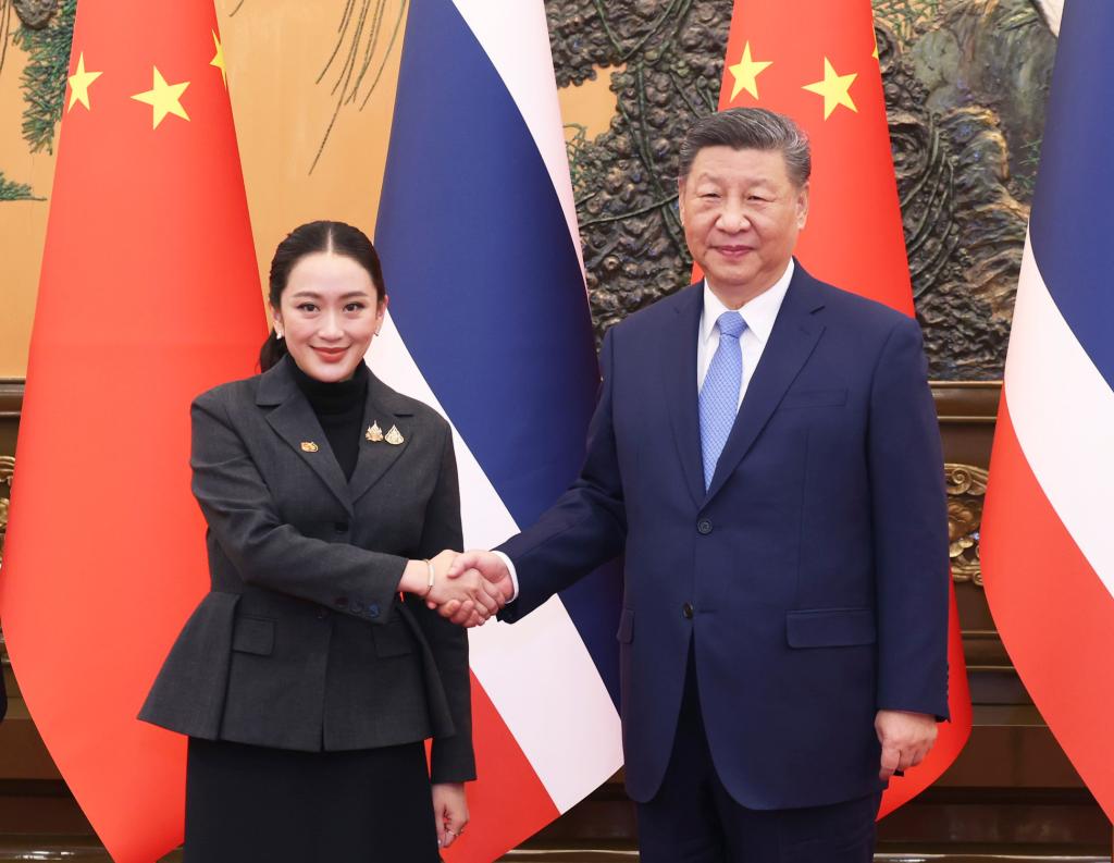 The Chinese President Xi Jinping with the Thai Prime Minister Paetongtarn Shinawatra in Beijing, China, in February this year.