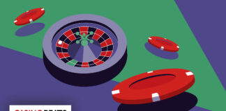 Illustration of a roulette wheel and red poker chips on a green and purple background, conveying a vibrant casino theme