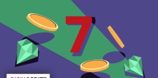 Stylized image with a large red number 7, green gems, and gold coins on a purple and green background.