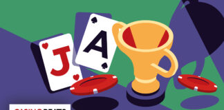 Illustration of playing cards, poker chips, and a trophy on a colorful background. The card faces show a Jack of Hearts and Ace of Spades