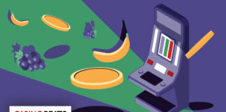 Illustration of a slot machine with fruit symbols and coins flying through the air