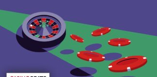 A stylized illustration of a roulette wheel with a white ball and scattered red casino chips, featuring the CasinoBeats logo.