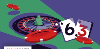 Illustration of a roulette wheel with a green player piece, poker chips, and playing cards showing a 6 and a 3 on a colorful background.
