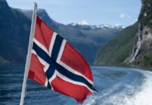Norwegian Flag above the shore