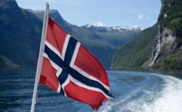 Norwegian Flag above the shore