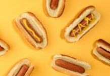 A series of hot dogs displayed on a yellow background