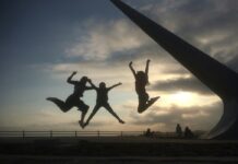 a trio of shadows jumping in the air in a park