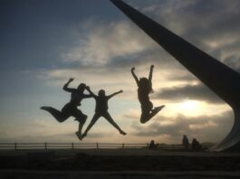 a trio of shadows jumping in the air in a park