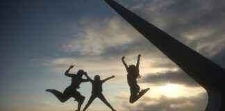 a trio of shadows jumping in the air in a park