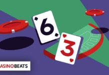 Illustration of a casino scene with a blackjack table, two playing cards showing six of spades and three of hearts, and red poker chips on a green and purple background.