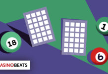 Illustration of two bingo cards on a green and purple geometric background, accompanied by bingo balls numbered 18, 1, and 6