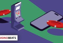 Illustration of a slot machine and smartphone with poker chips on a purple and green background.