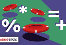 Red poker chips float amid math symbols on a purple and green background