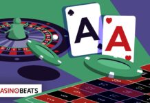 Two aces, a green betting chip, and a roulette wheel with a ball, set against a colorful casino-themed background.