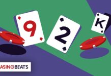Illustration of playing cards showing a 9 and a 2, alongside a King, with red poker chips, branded with "CasinoBeats."