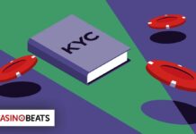 An illustration featuring a book labeled "KYC" surrounded by red poker chips, symbolizing casino regulations and identity verification.