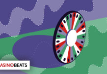 Illustration of a roulette wheel with colorful segments on a purple and green abstract background