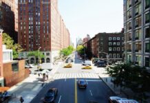 View from the High Line overlooking a busy West Side street in Manhattan.