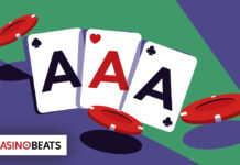 Illustration of three playing cards showing aces of spades, hearts, and clubs, surrounded by red poker chips