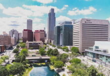 Downtown Omaha skyline with modern high-rise buildings.