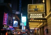 Broadway theaters and marquees lit up at night in Times Square, New York City